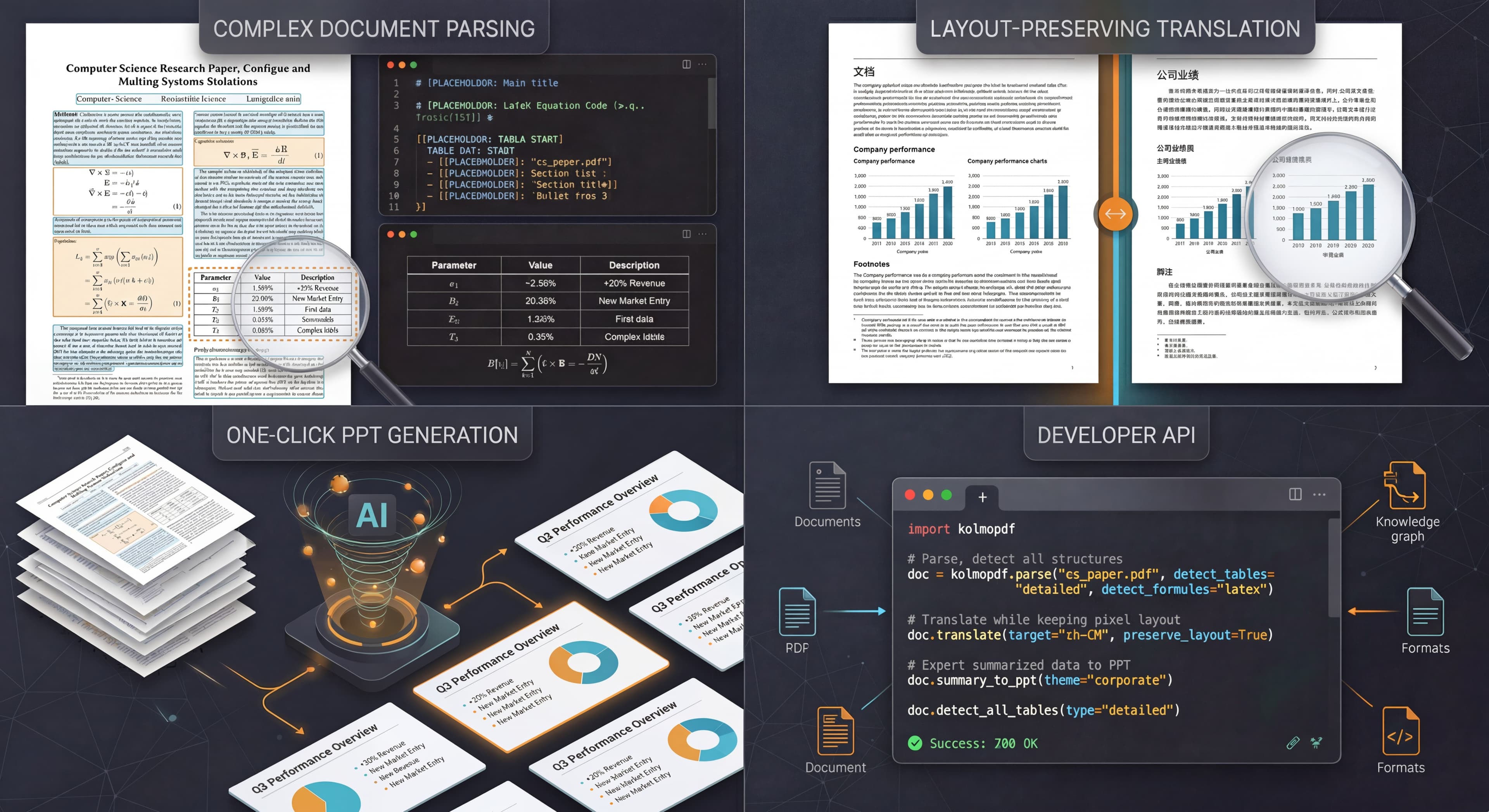 KolmoPDF capability overview including complex document parsing, layout-preserving translation, one-click PPT generation, and developer API workflow.